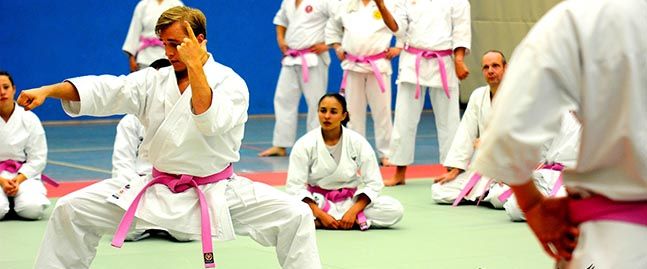 Pinkfarbige Gurte beim KNX-Karate-Seminar.